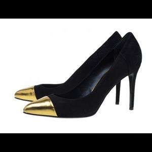 Black Suede Gold Cap Pointed Toe Pump / Size 8 / Fiore